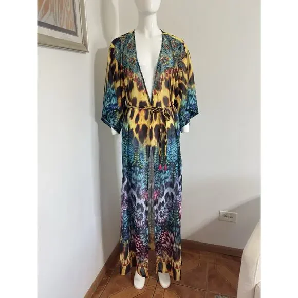Boho Maxi Kimono Kaftan Women Leopard Butterfly Print Sheer Beaded Cover Up L/XL - Picture 2 of 16